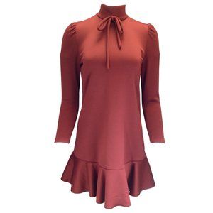 FRANCOISE BORDEAUX BOW DETAIL MOCK NECK LONG SLEEVED RUFFLED HEM DRESS